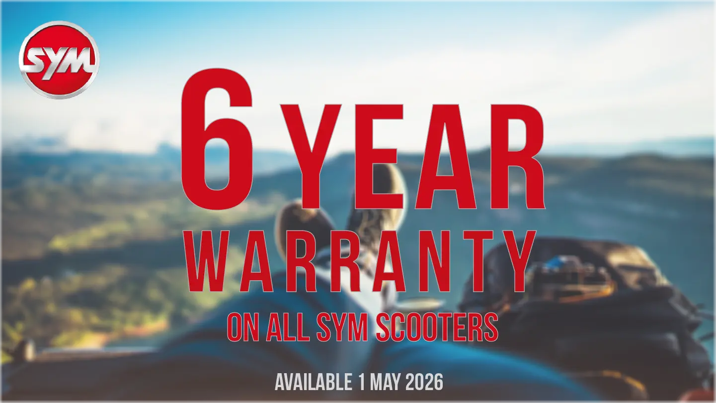 Comprehensive 4-year warranty on SYM scooters, covering mechanical and electrical components, with contact info for claims.